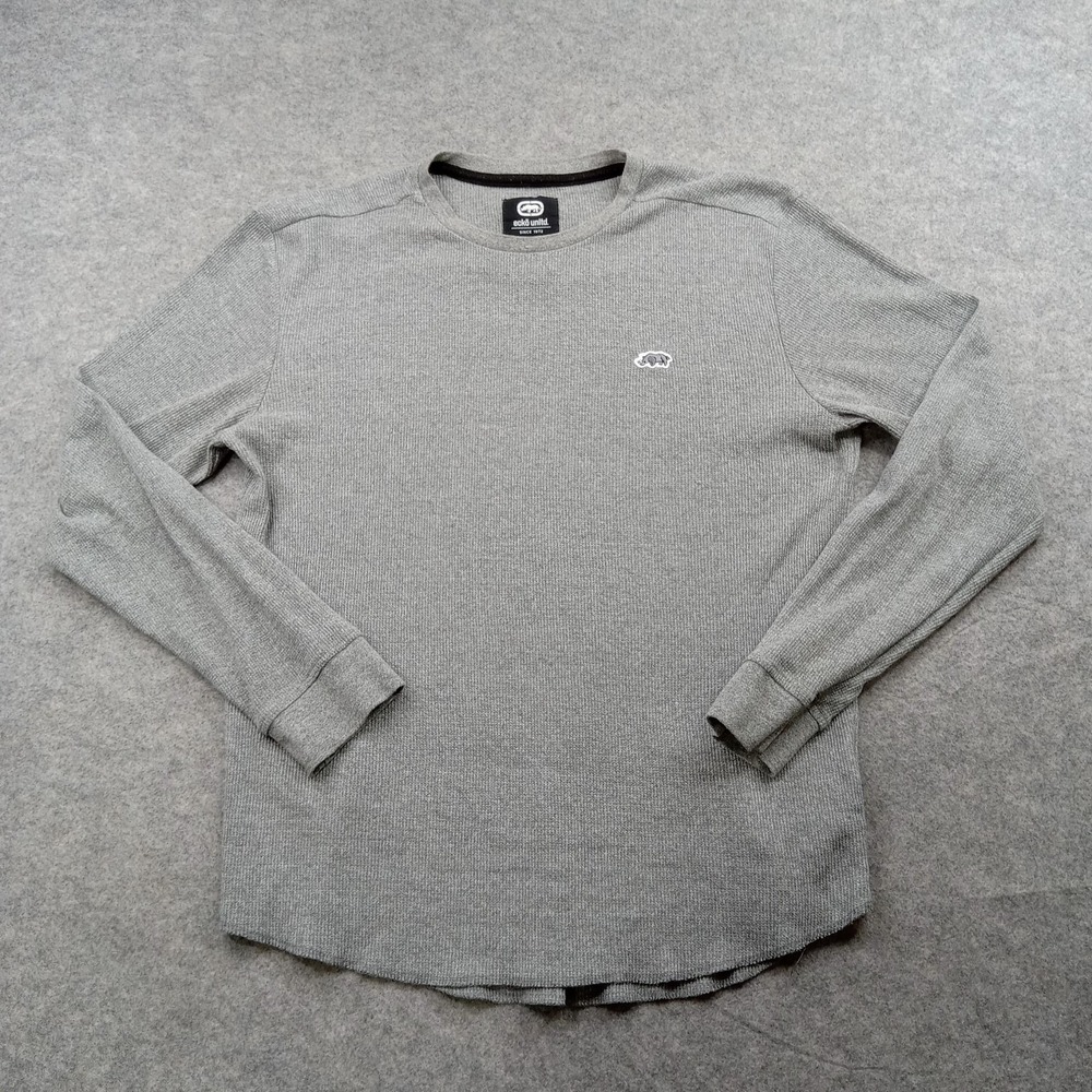 Ecko Shirt Mens Medium Gray Unltd Waffle Knit Thermal Long Sleeve Logo Crewneck